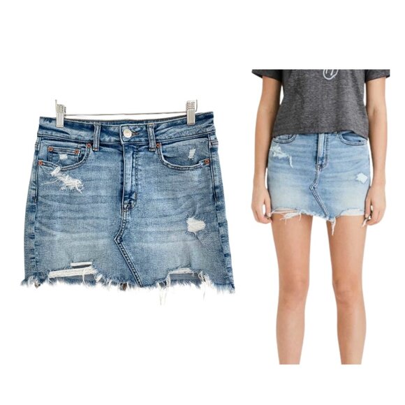 American Eagle Skirt Women 8 Denim Hi-Rise Mini Super Stretch Light Wash - Picture 1 of 10